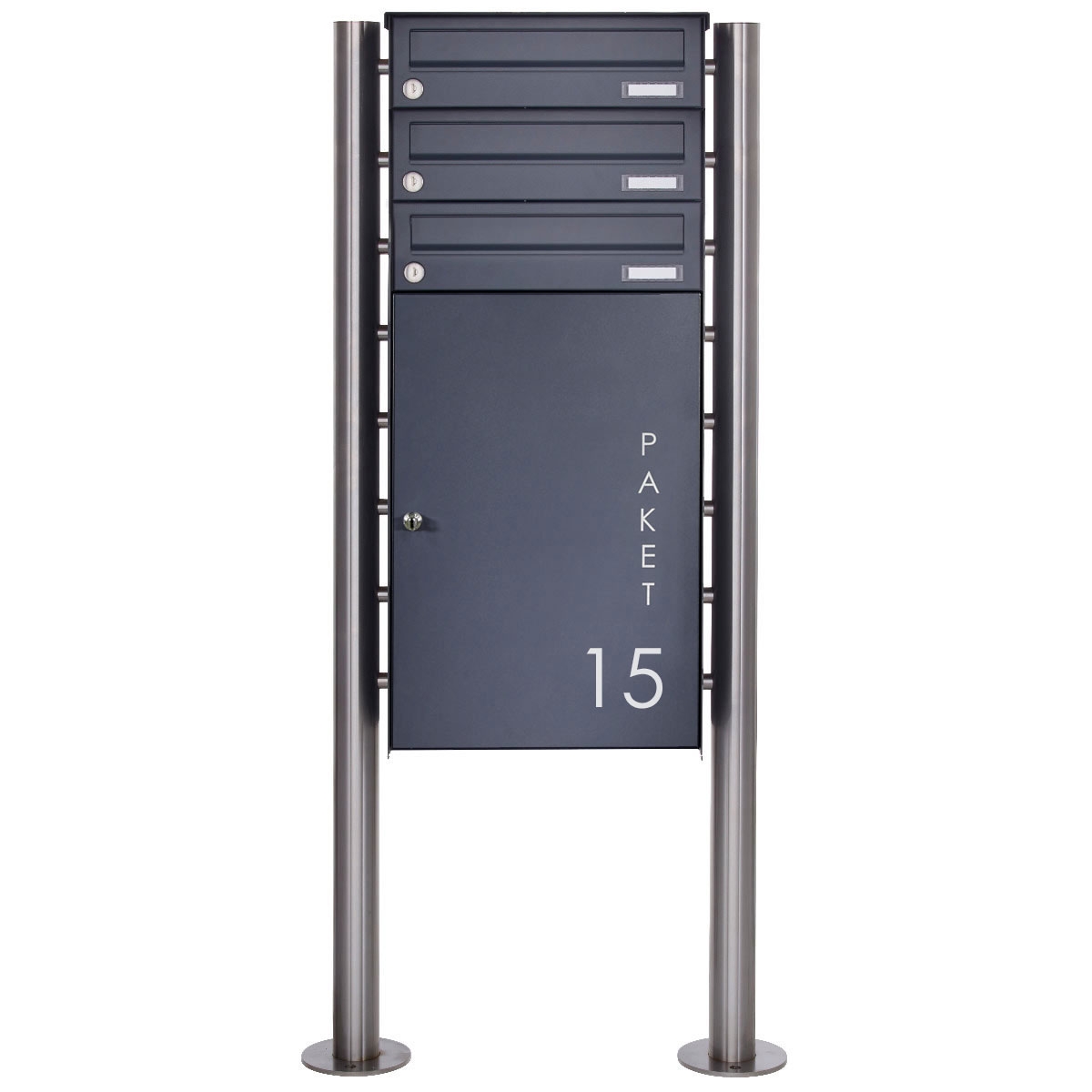 3er Edelstahl Paketbriefkasten freistehend BASIC Plus 863X ST-R mit Paketfach 550x370 in RAL nach Wahl 3er Edelstahl Paketbriefkasten freistehend BASIC Plus 863X ST-R mit Paketfach 550x370 in RAL nach Wahl