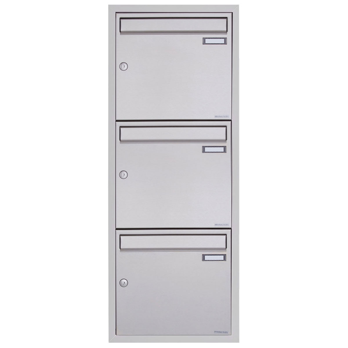 3er 1x3 stainless steel flush-mounted letterbox system BASIC Plus 382XU UP - polished stainless steel - 3 parties 3er 1x3 stainless steel flush-mounted letterbox system BASIC Plus 382XU UP - polished stainless steel - 3 parties
