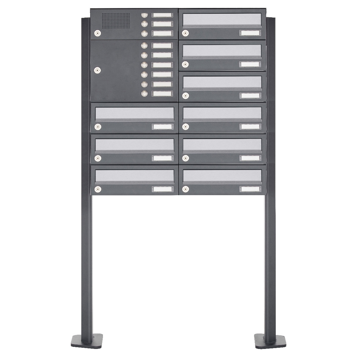 9er Standbriefkasten Design BASIC 385P ST-T mit Klingelkasten - Edelstahl-RAL 7016 anthrazit 9er Standbriefkasten Design BASIC 385P ST-T mit Klingelkasten - Edelstahl-RAL 7016 anthrazit