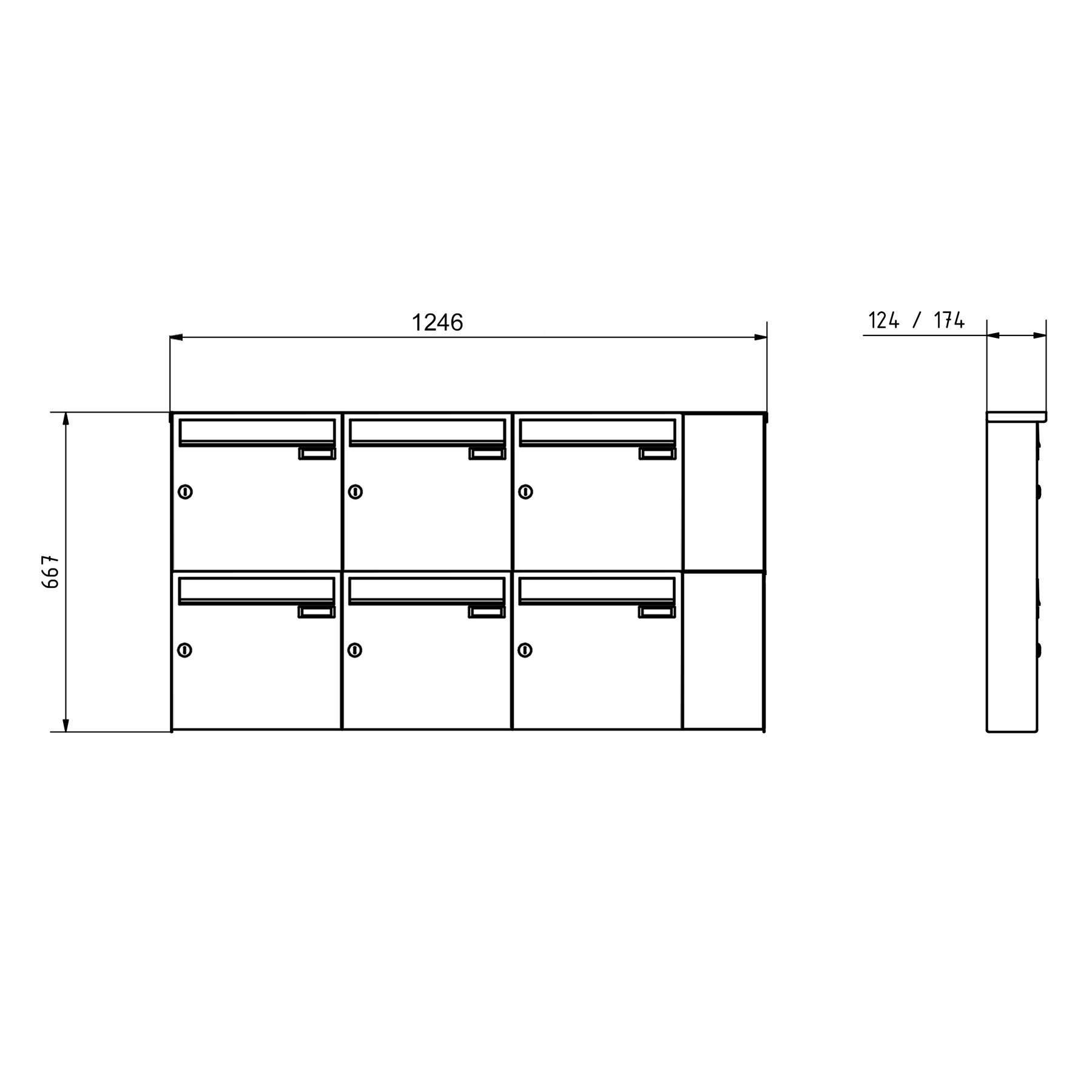 6er Aufputz Briefkasten BASIC Plus 382X AP mit Klingelkasten seitlich - RAL nach Wahl 6er Aufputz Briefkasten BASIC Plus 382X AP mit Klingelkasten seitlich - RAL nach Wahl