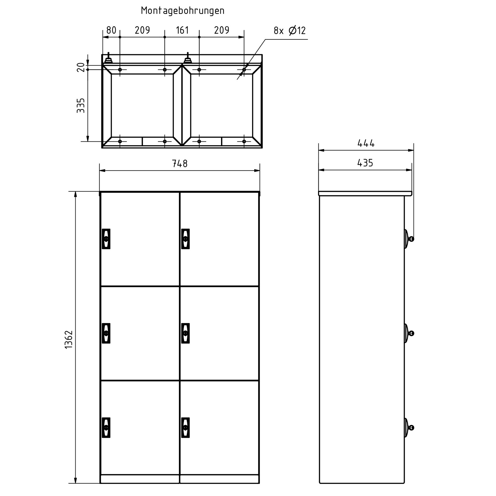 6er 2x3 parcel compartment system BASIC Plus 863X STL with parcel compartment 440x370 - polished stainless steel