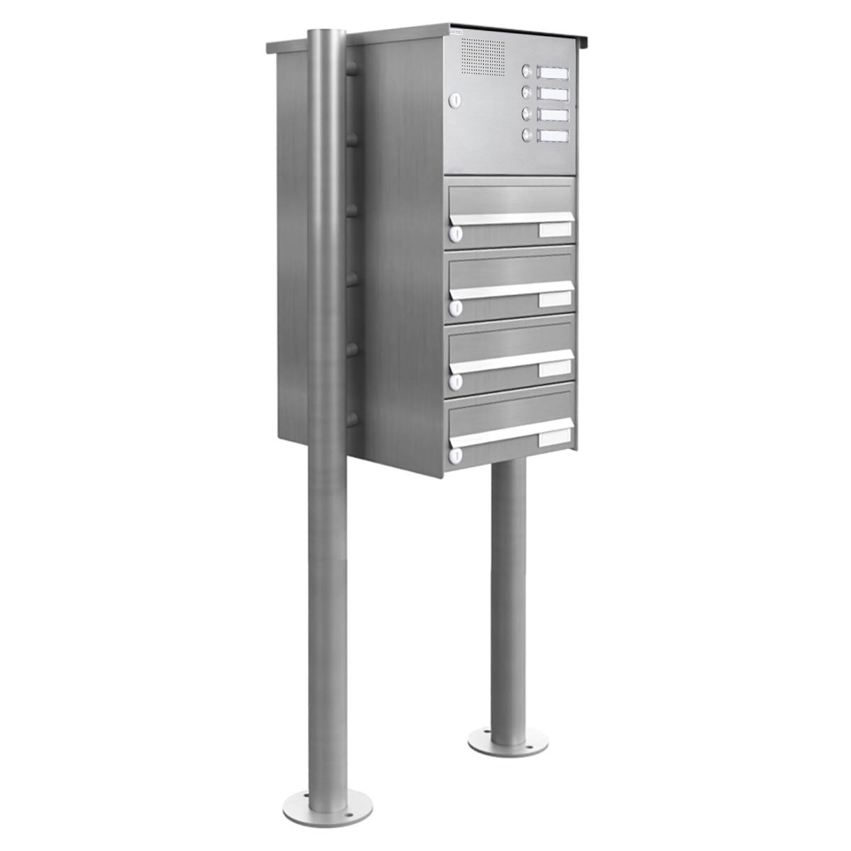 4er Standbriefkasten Design BASIC 385-VA ST-R mit Klingelkasten - Edelstahl V2A, geschliffen