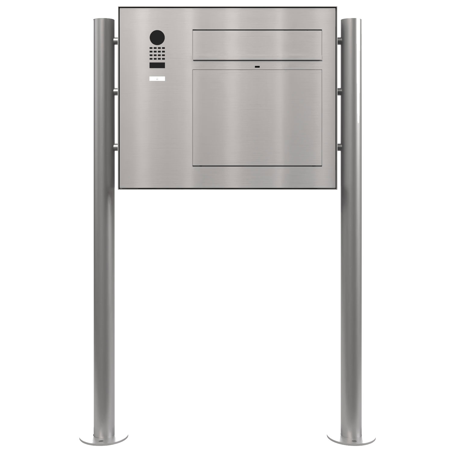Design Standbriefkasten GRIMM ST-R - Edelstahl geschliffen mit DoorBird Video-Sprechanlage links
