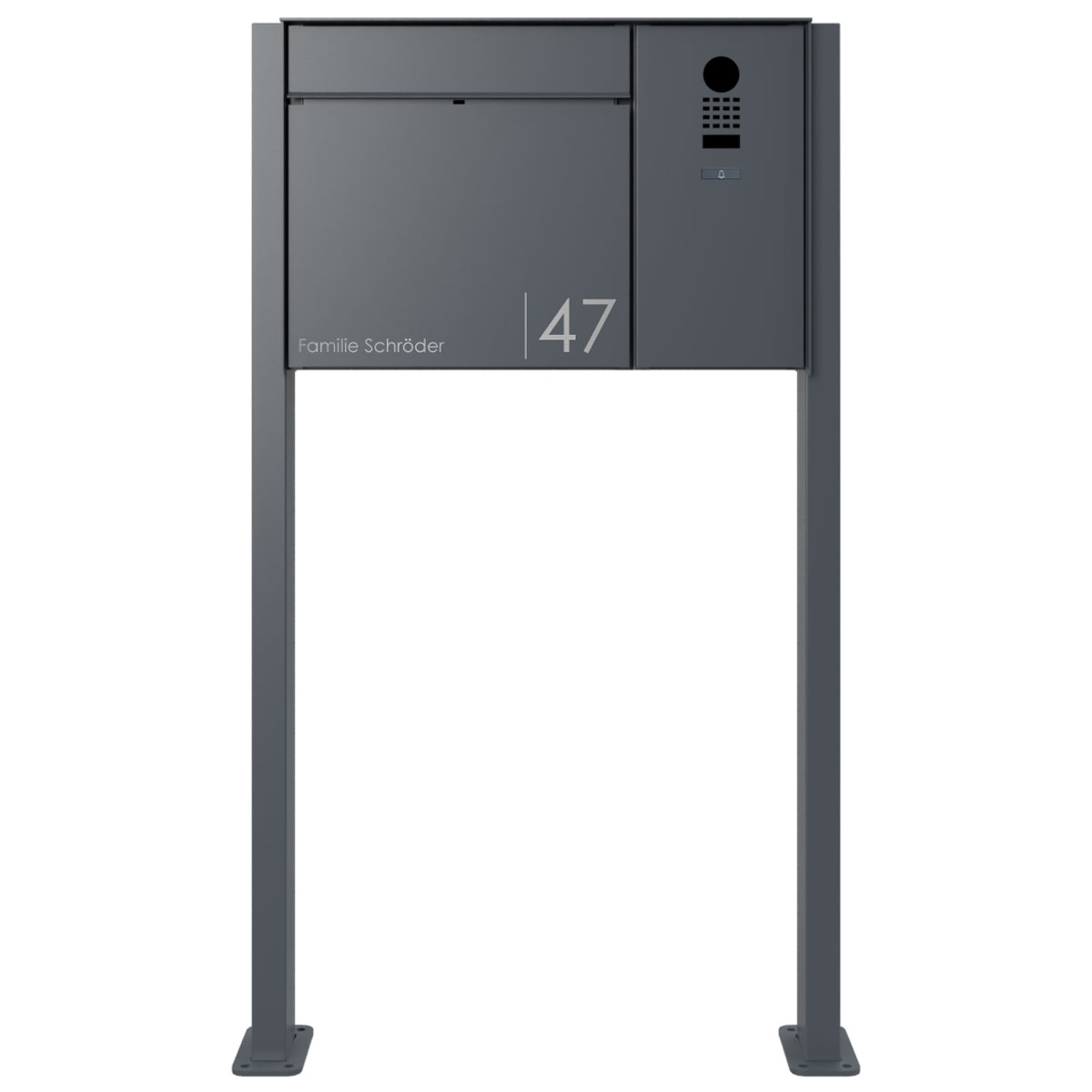 Design pedestal letterbox GOETHE ST-Q lateral with DoorBird video intercom - RAL of your choice Design pedestal letterbox GOETHE ST-Q lateral with DoorBird video intercom - RAL of your choice