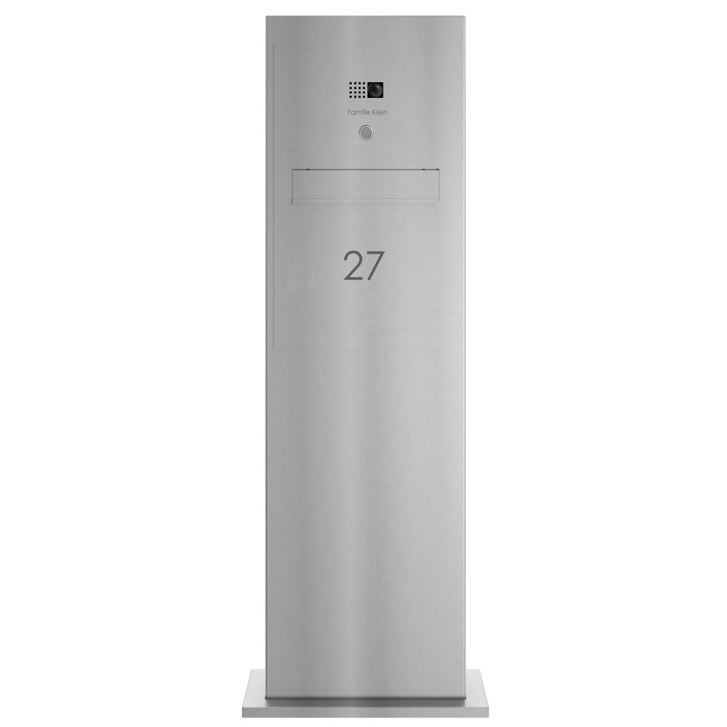 Stèle de boîte aux lettres design GRIMM - prélèvement à l'arrière - inox brossé avec COMELIT Ultra - kit VIDEO