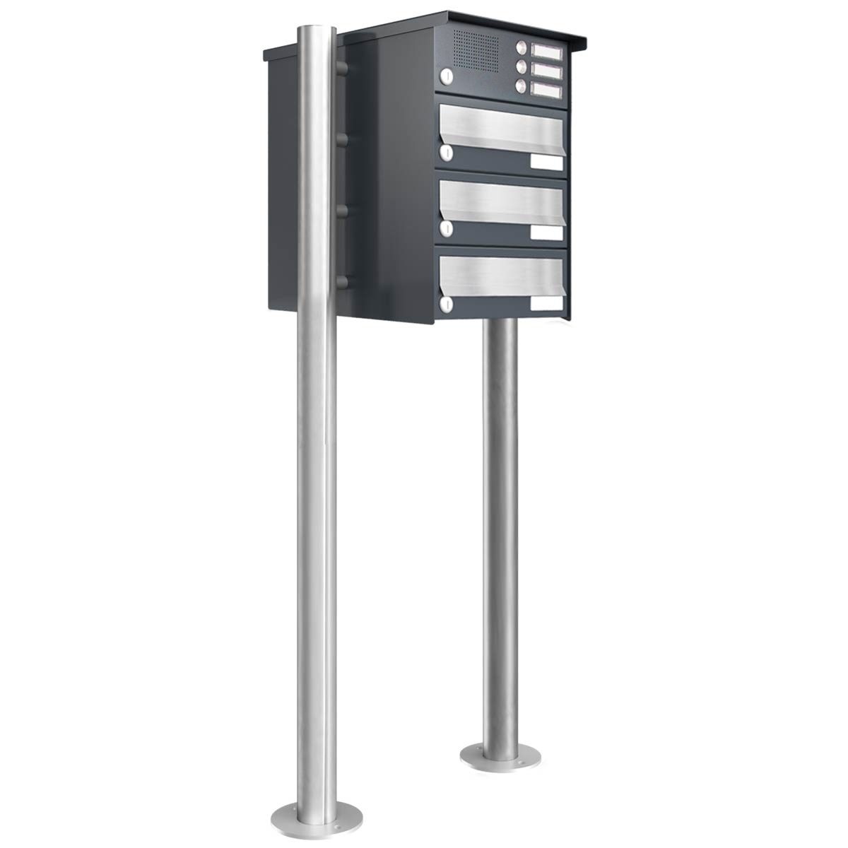3er Standbriefkasten Design BASIC 385 ST-R mit Klingelkasten - Edelstahl-RAL 7016 anthrazitgrau