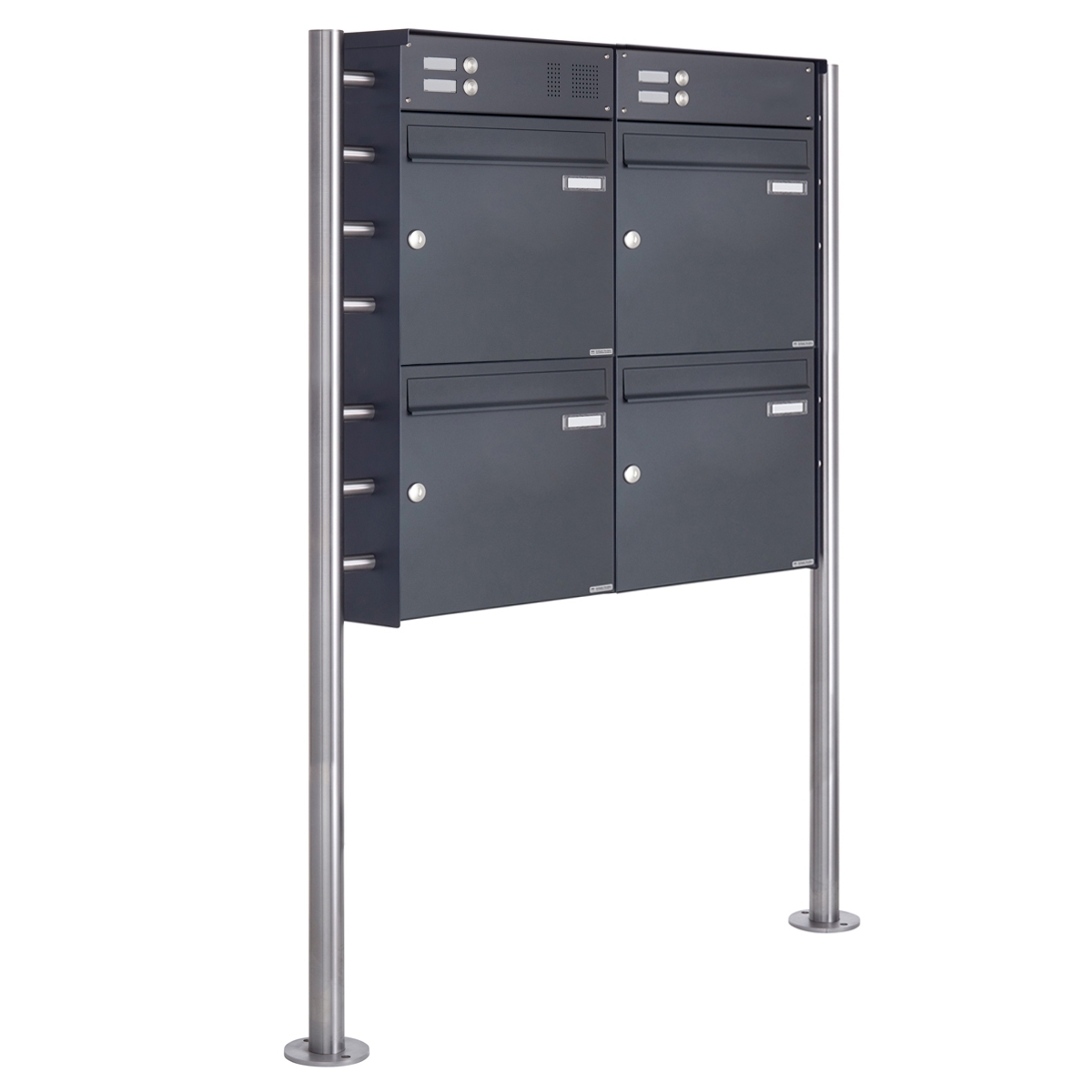4er 2x2 stainless steel free-standing letterbox Design BASIC Plus 381X ST-R with bell box - RAL of your choice 4er 2x2 stainless steel free-standing letterbox Design BASIC Plus 381X ST-R with bell box - RAL of your choice