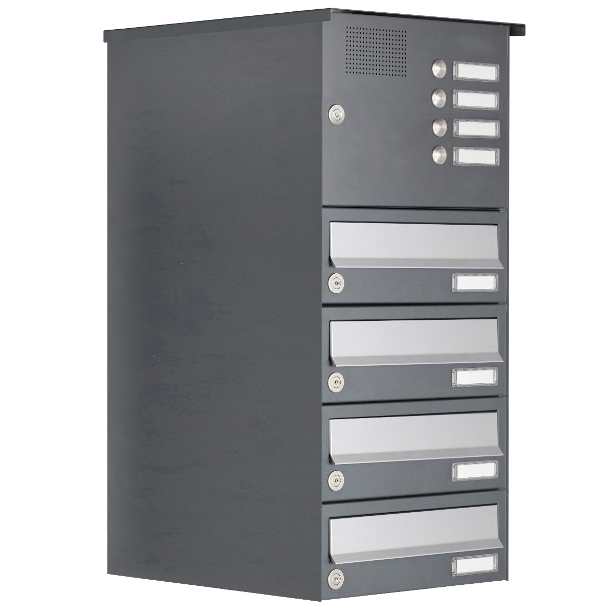 4er Aufputz Briefkastenanlage Design BASIC 385A AP mit Klingelkasten - Edelstahl-RAL 7016 anthrazit 4er Aufputz Briefkastenanlage Design BASIC 385A AP mit Klingelkasten - Edelstahl-RAL 7016 anthrazit