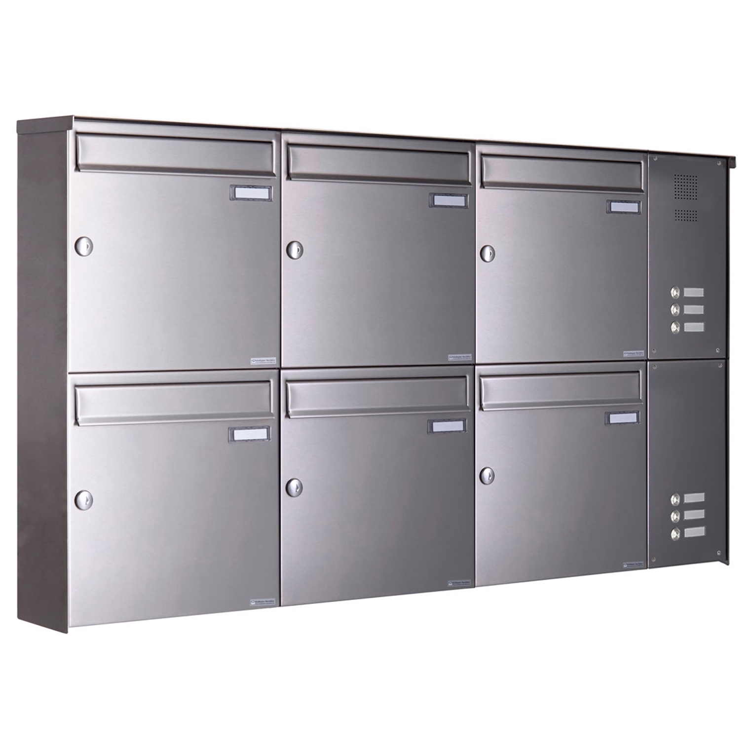 6er Edelstahl Aufputz Briefkasten BASIC Plus 382X AP mit Klingelkasten seitlich 6er Edelstahl Aufputz Briefkasten BASIC Plus 382X AP mit Klingelkasten seitlich