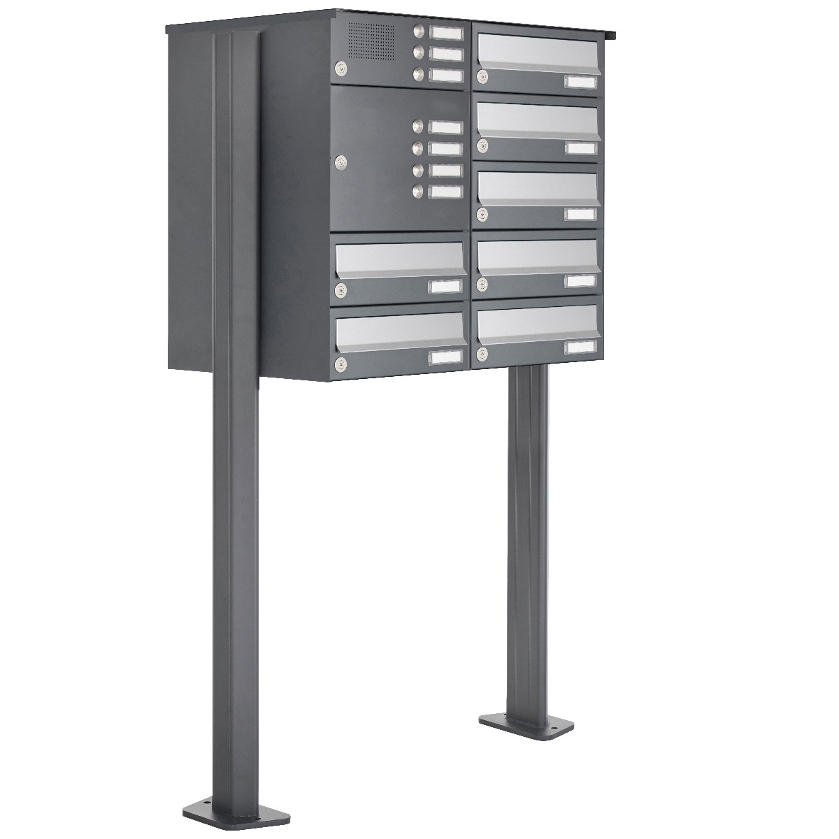 7er Standbriefkasten Design BASIC 385P ST-T mit Klingelkasten - Edelstahl-RAL 7016 anthrazit 7er Standbriefkasten Design BASIC 385P ST-T mit Klingelkasten - Edelstahl-RAL 7016 anthrazit