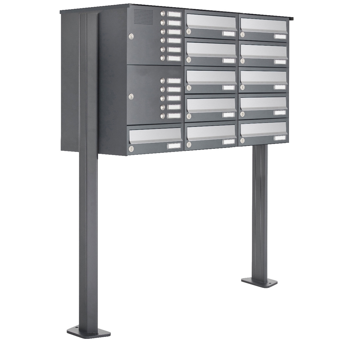 11er Standbriefkasten Design BASIC 385P ST-T mit Klingelkasten - Edelstahl-RAL 7016 anthrazit