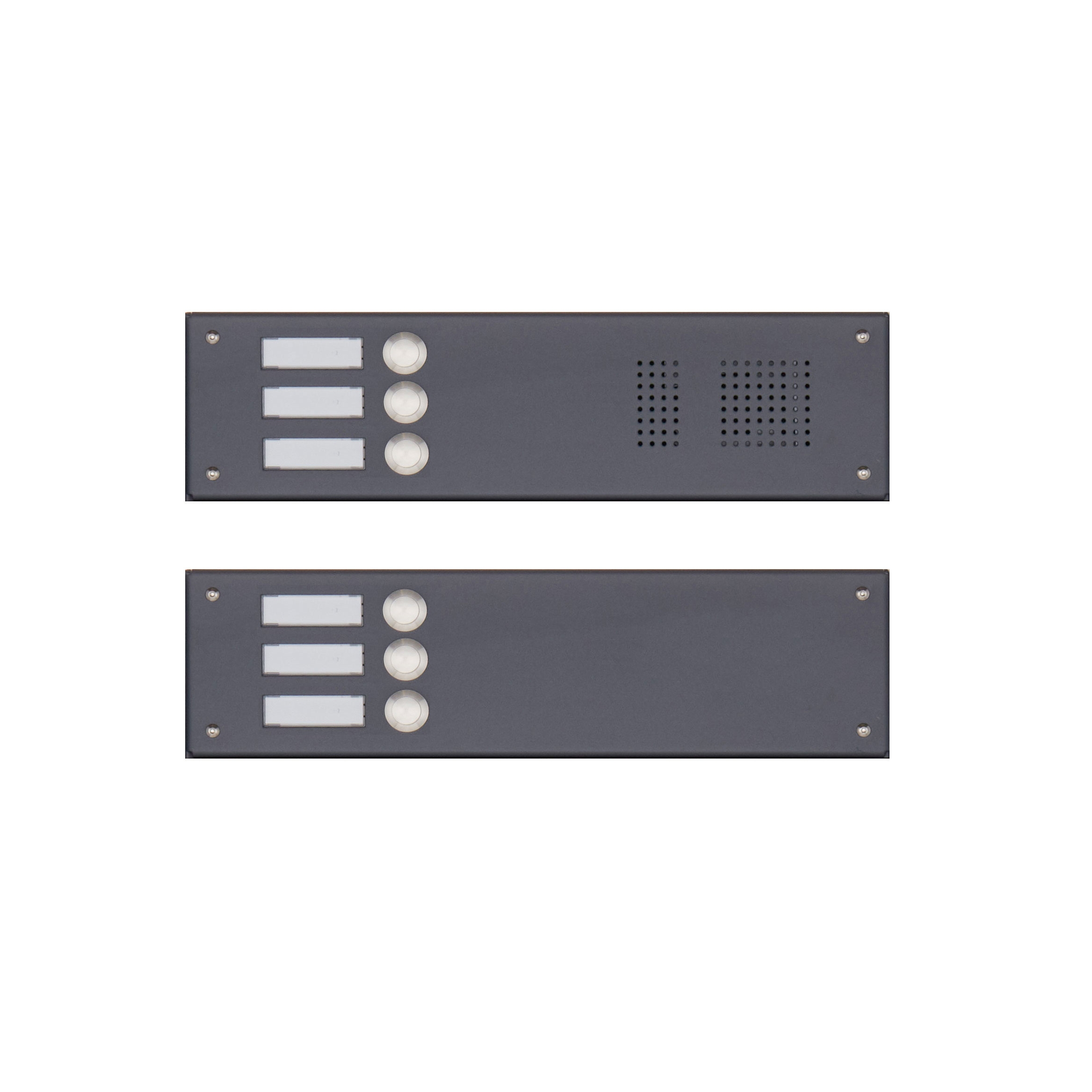 2 pannelli in acciaio inox 355x100 per 6 parti con perforazione vocale, RAL 7016 FS 2 pannelli in acciaio inox 355x100 per 6 parti con perforazione vocale, RAL 7016 FS