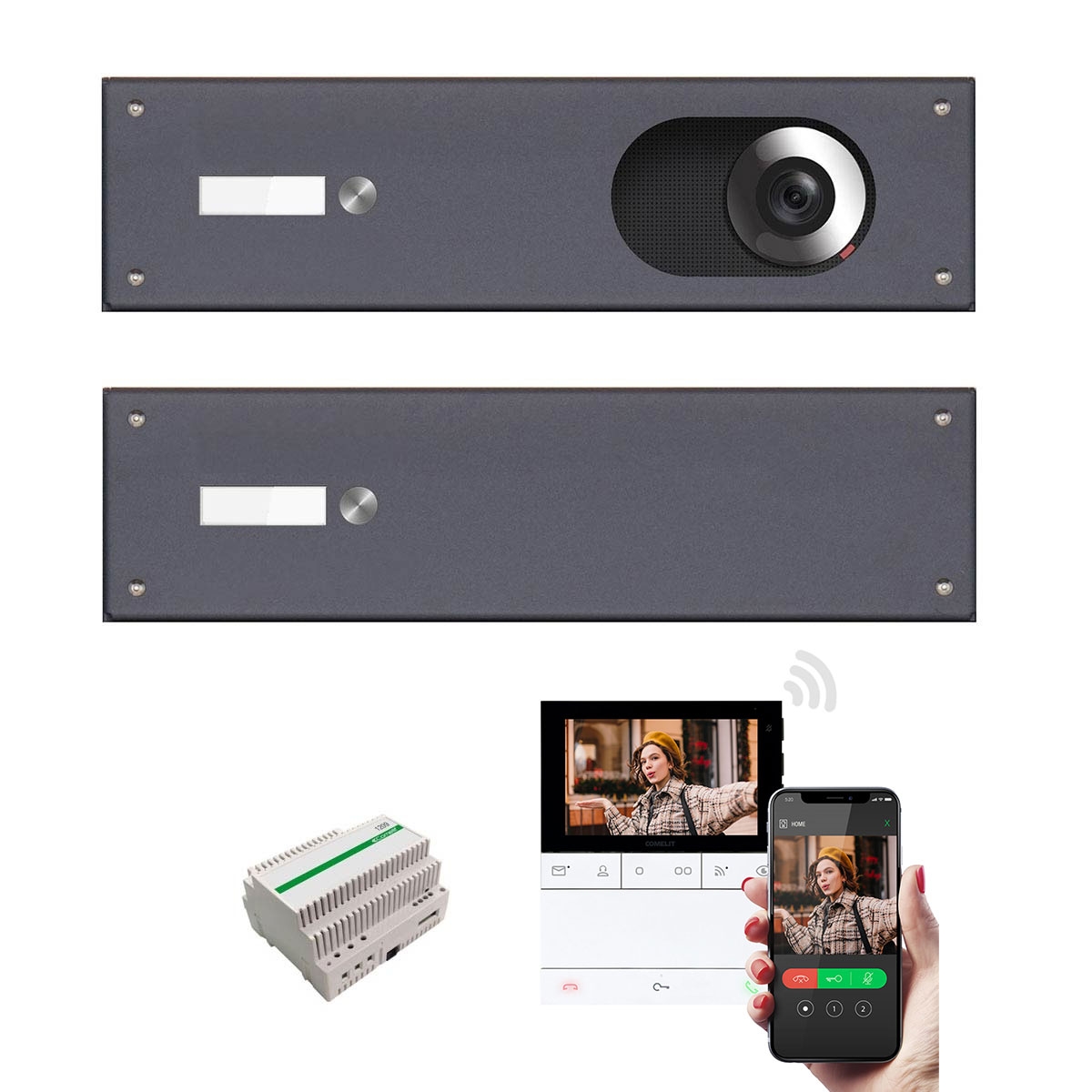 2 bandeaux en inox 355x100 pour 2 parties avec kit vidéo complet Comelit Wifi - RAL au choix