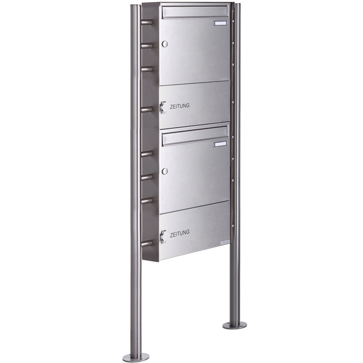 Buzón independiente de 2 piezas de acero inoxidable Diseño BASIC Plus 381X ST-R con compartimento cerrado para periódicos Buzón independiente de 2 piezas de acero inoxidable Diseño BASIC Plus 381X ST-R con compartimento cerrado para periódicos