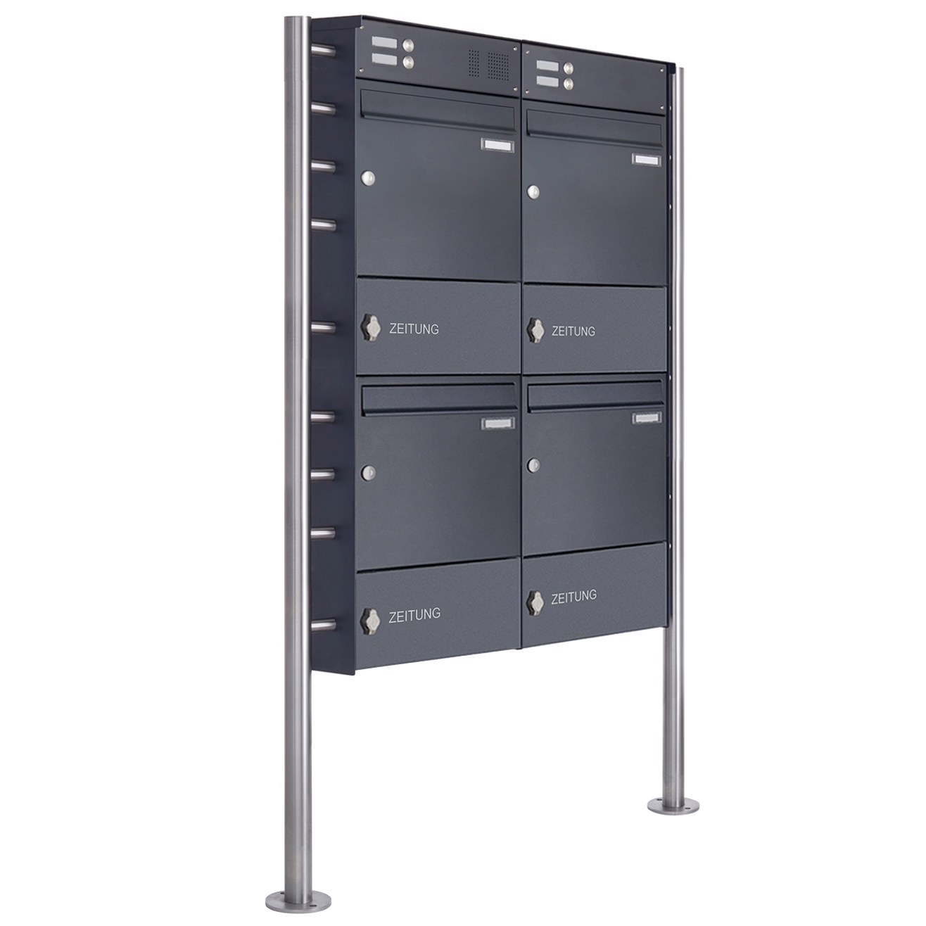 4er 2x2 Edelstahl Standbriefkasten Design BASIC Plus 381X ST-R mit Klingelkasten & Zeitungsfach - RAL 4er 2x2 Edelstahl Standbriefkasten Design BASIC Plus 381X ST-R mit Klingelkasten & Zeitungsfach - RAL