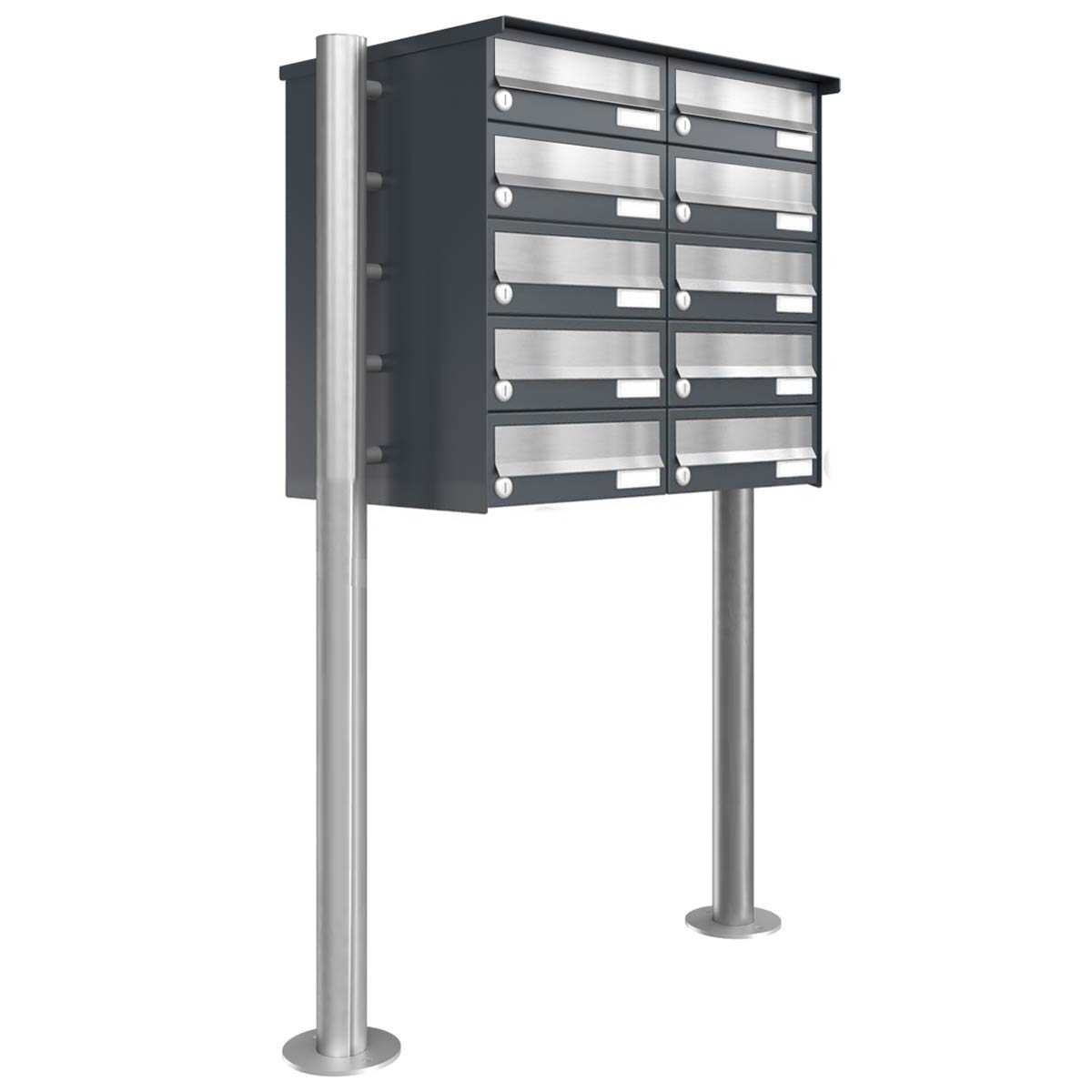 10er Briefkastenanlage freistehend Design BASIC 385 ST-R - Edelstahl-RAL 7016 anthrazitgrau