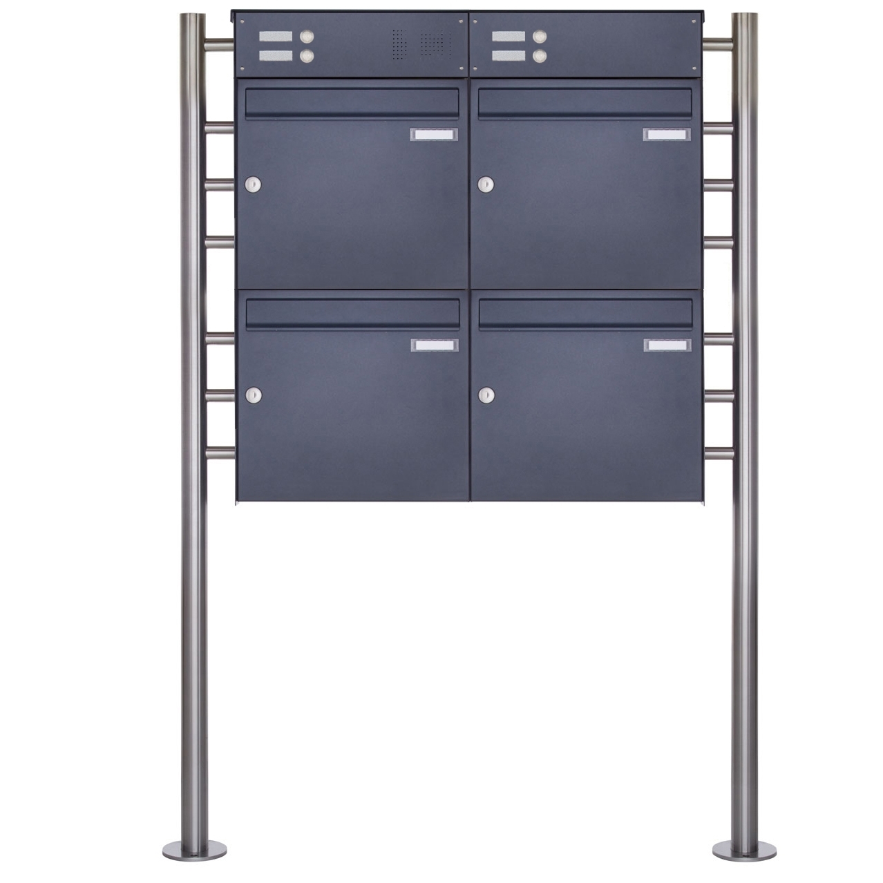 4er 2x2 Edelstahl Standbriefkasten Design BASIC Plus 381X ST-R mit Klingelkasten - RAL nach Wahl 4er 2x2 Edelstahl Standbriefkasten Design BASIC Plus 381X ST-R mit Klingelkasten - RAL nach Wahl