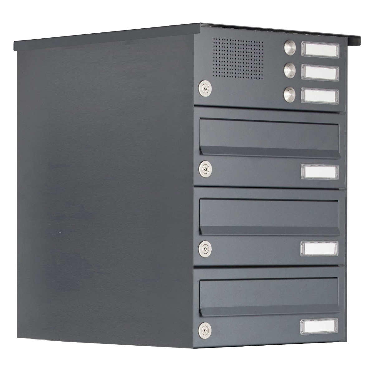 Ensemble de 3 boîtes aux lettres apparentes Design BASIC 385A-7016 AP avec boîte de sonnerie - RAL 7016 gris anthracite Ensemble de 3 boîtes aux lettres apparentes Design BASIC 385A-7016 AP avec boîte de sonnerie - RAL 7016 gris anthracite