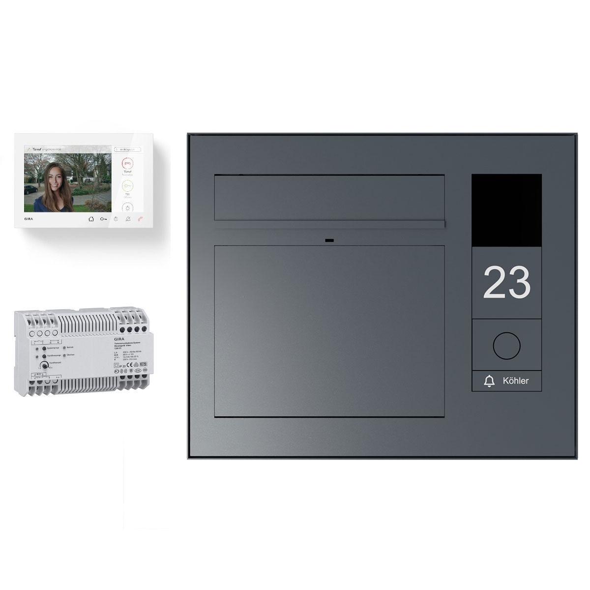 Design surface-mounted letterbox GRIMM - Colour of your choice - GIRA System 106 - Video intercom right - VIDEO complete set Design surface-mounted letterbox GRIMM - Colour of your choice - GIRA System 106 - Video intercom right - VIDEO complete set