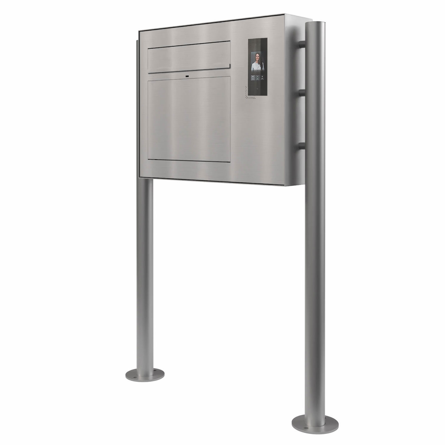 Design Standbriefkasten GRIMM - Edelstahl geschliffen mit Ekinex Dico IP-Videosprechanlage rechts