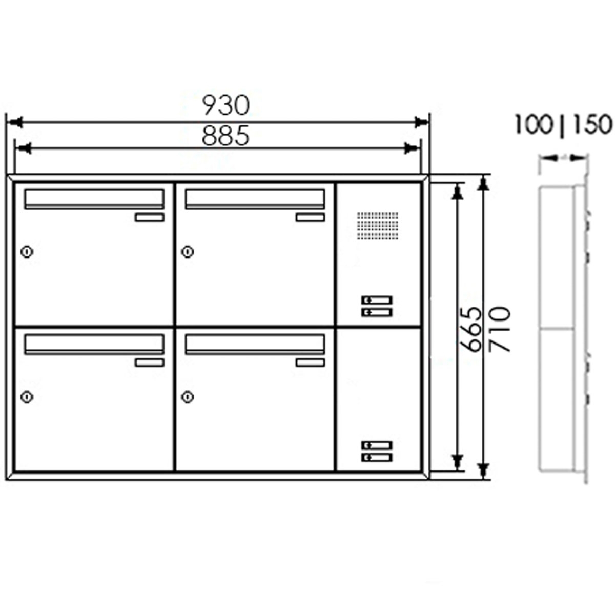 4-piece stainless steel flush-mounted letterbox system BASIC Plus 382XU UP with bell box on the side - RAL of your choice 4-piece stainless steel flush-mounted letterbox system BASIC Plus 382XU UP with bell box on the side - RAL of your choice