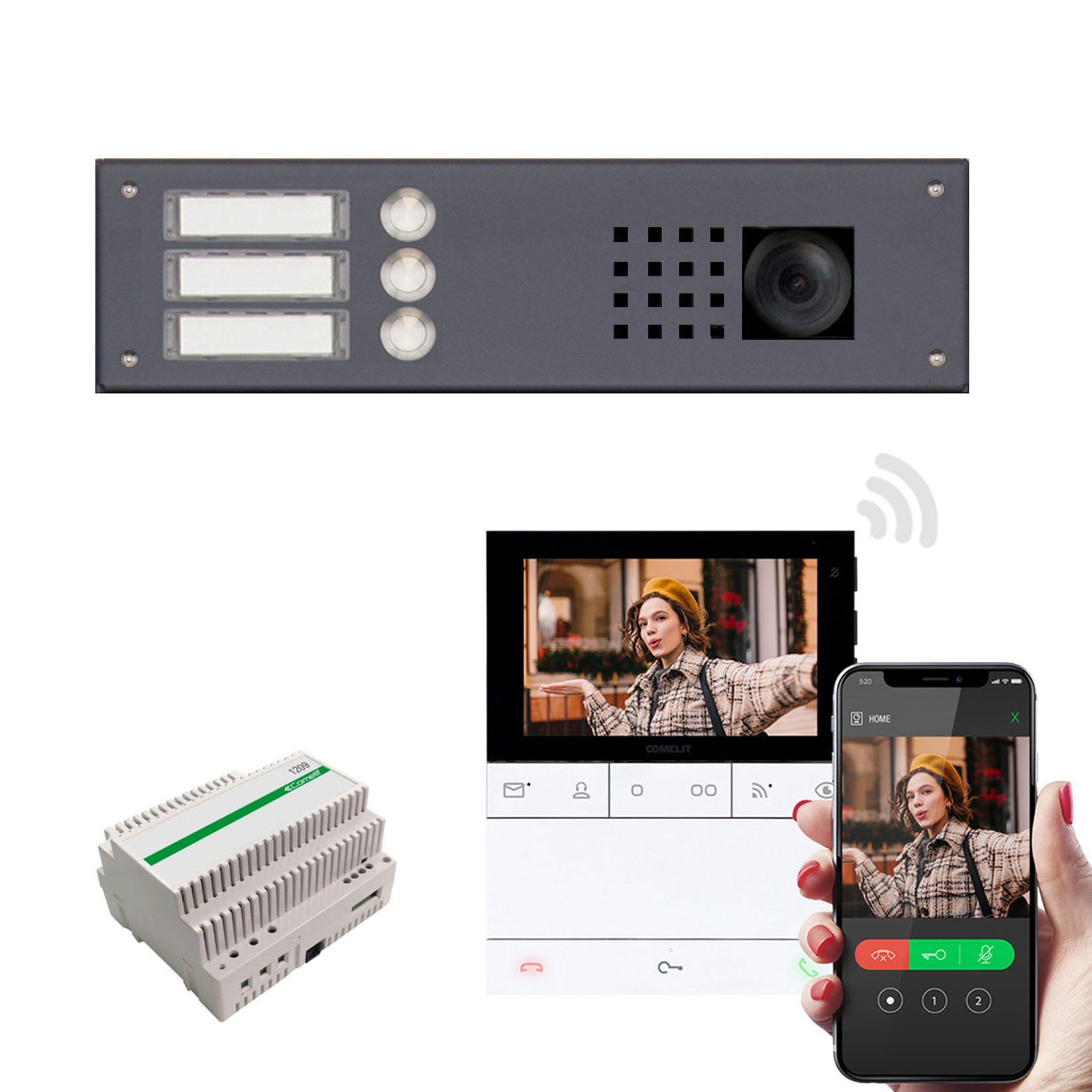 Stainless steel panel 355x100 for 3 parties, RAL of your choice FS w. Comelit complete video set Wifi