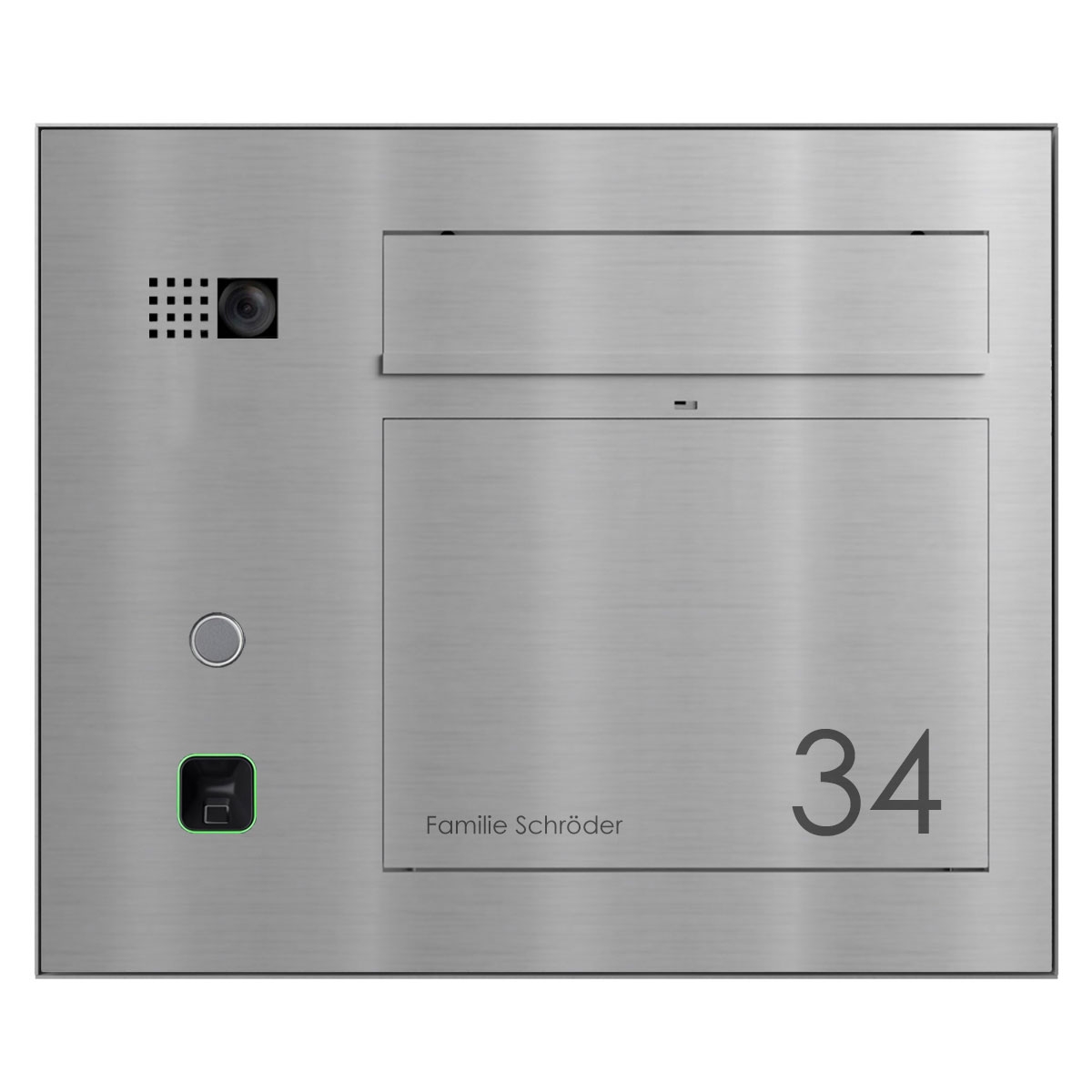 Design Aufputz Briefkasten GRIMM - Edelstahl geschliffen mit COMELIT Ultra - VIDEO Set links