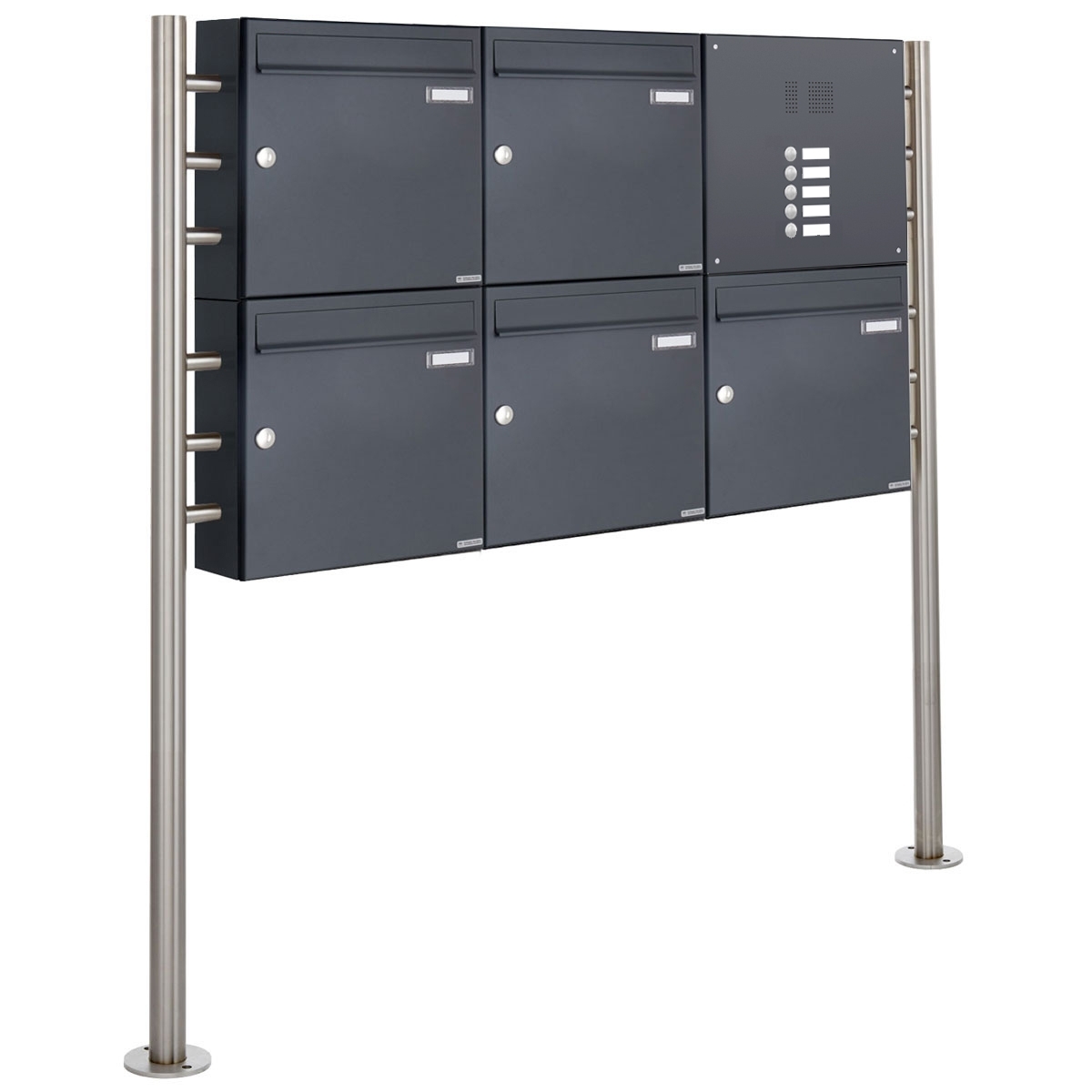 5er 2x3 Standbriefkasten Design BASIC 381 ST-R mit Klingelkasten - RAL 7016 anthrazitgrau 5er 2x3 Standbriefkasten Design BASIC 381 ST-R mit Klingelkasten - RAL 7016 anthrazitgrau