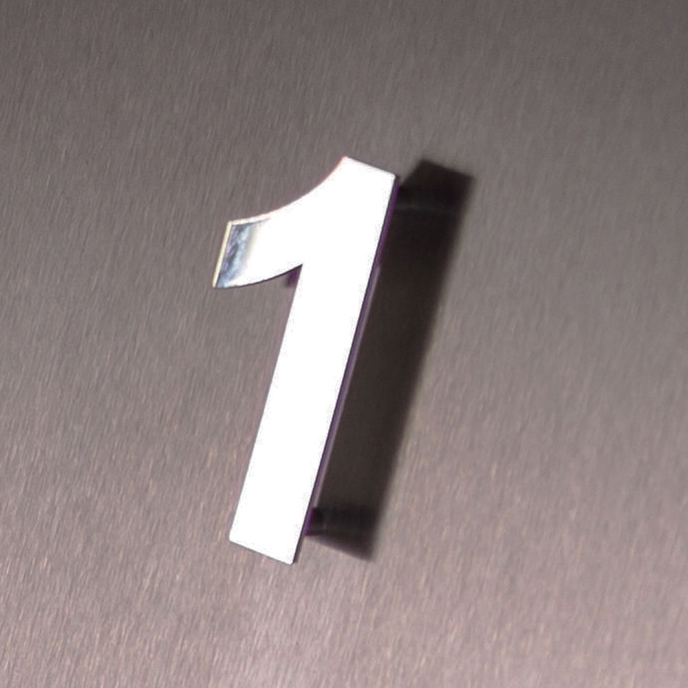 House number set off in stainless steel, polished Number 1