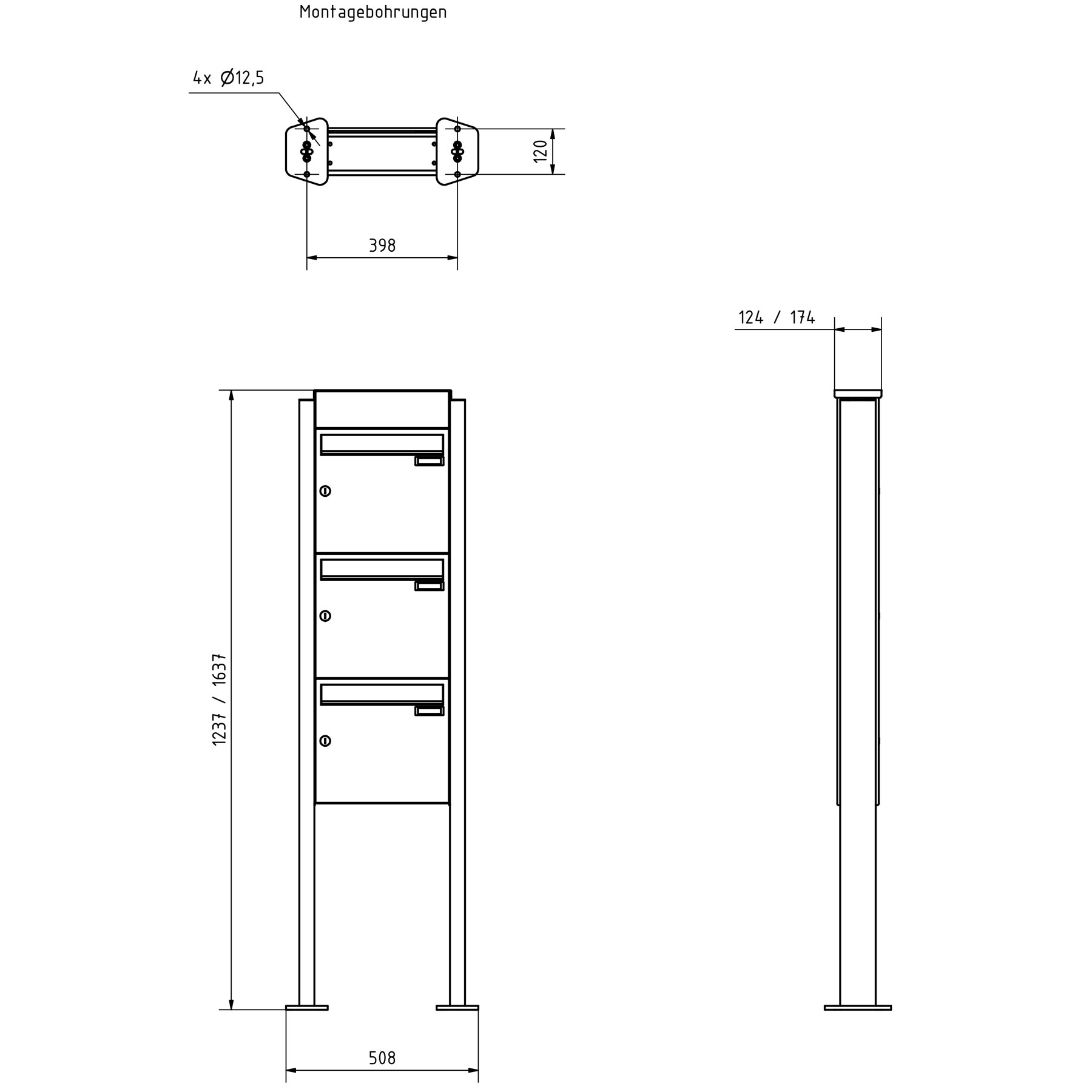 3-post letterbox design BASIC Plus 380X ST-T with bell box - RAL of your choice 3-post letterbox design BASIC Plus 380X ST-T with bell box - RAL of your choice