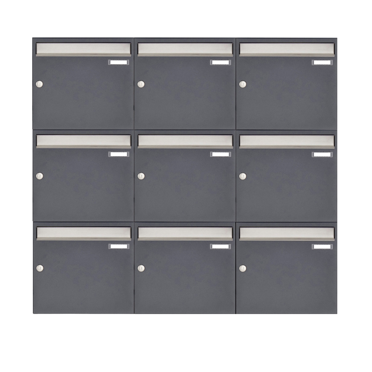 9er 3x3 Aufputz Briefkastenanlage Design BASIC 382 AP - Edelstahl-RAL 7016 anthrazitgrau 9er 3x3 Aufputz Briefkastenanlage Design BASIC 382 AP - Edelstahl-RAL 7016 anthrazitgrau
