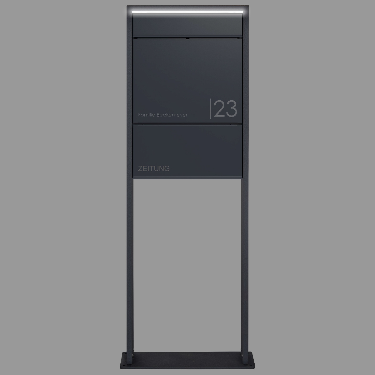 Design free-standing letterbox GOETHE LIB with newspaper compartment - LED design element - RAL of your choice Design free-standing letterbox GOETHE LIB with newspaper compartment - LED design element - RAL of your choice