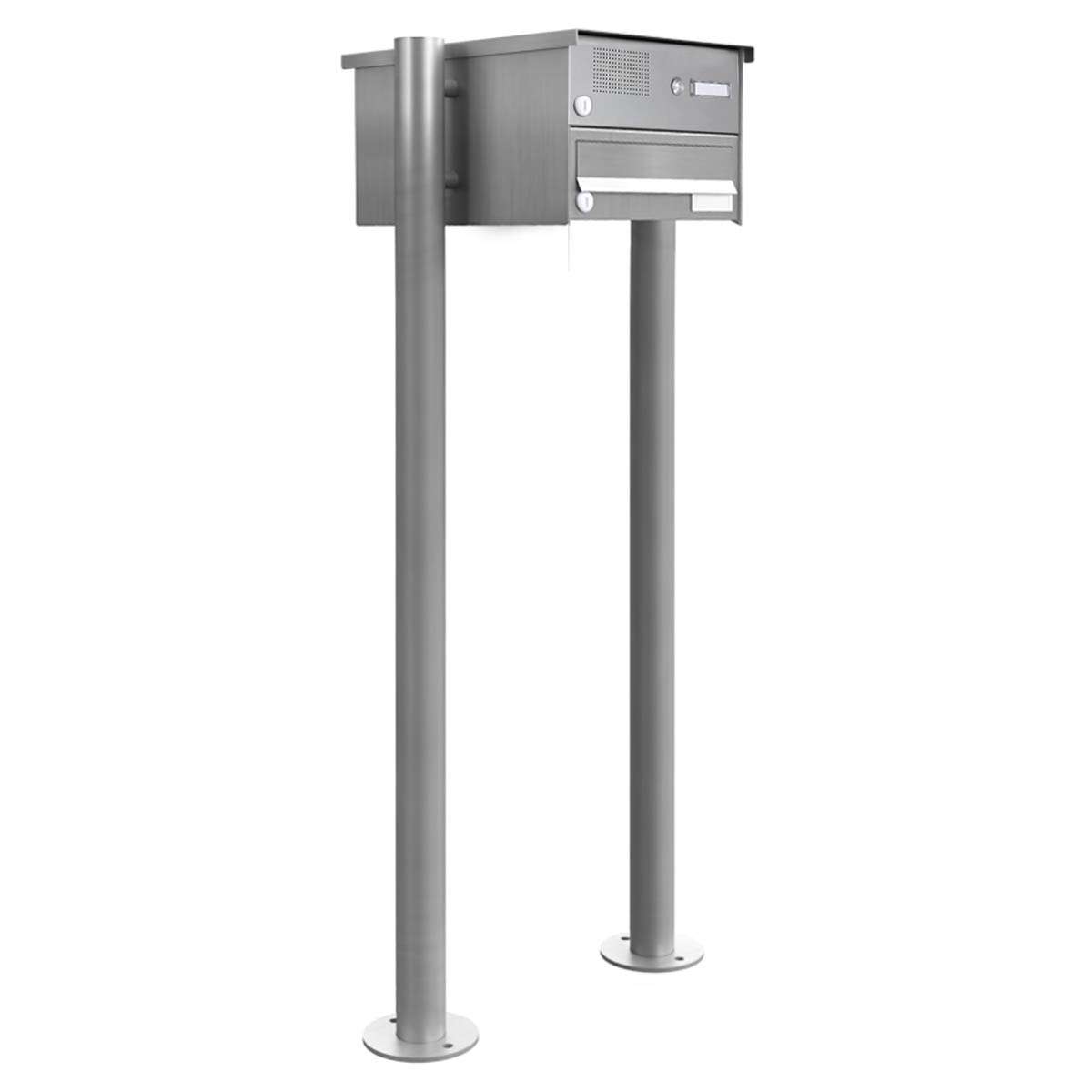 1-post letterbox Design BASIC 385-VA ST-R with bell box - stainless steel V2A, polished