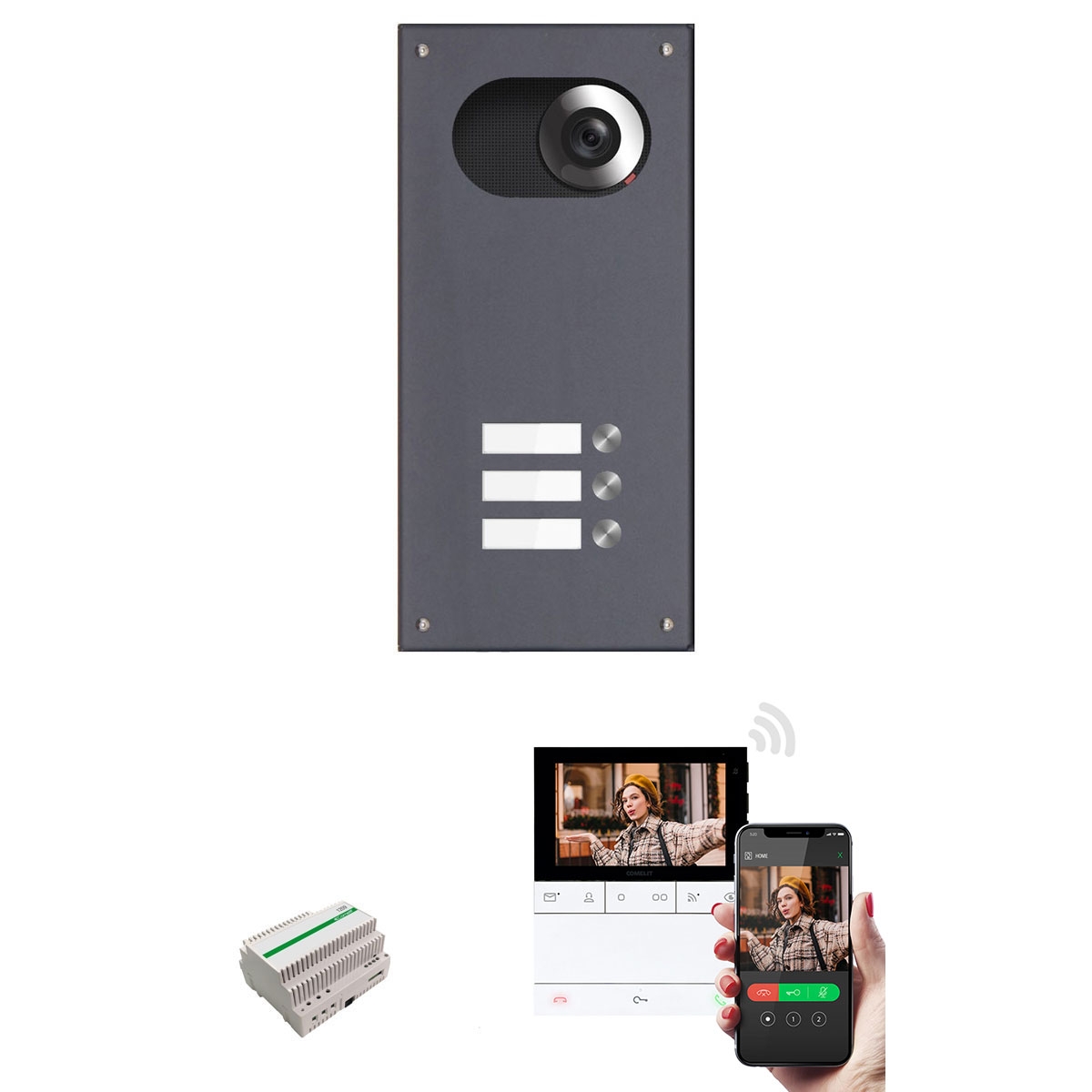 Edelstahl-Blende 170x330 für 3 Partei m. Comelit Video-Komplettset Wifi - RAL nach Wahl Edelstahl-Blende 170x330 für 3 Partei m. Comelit Video-Komplettset Wifi - RAL nach Wahl