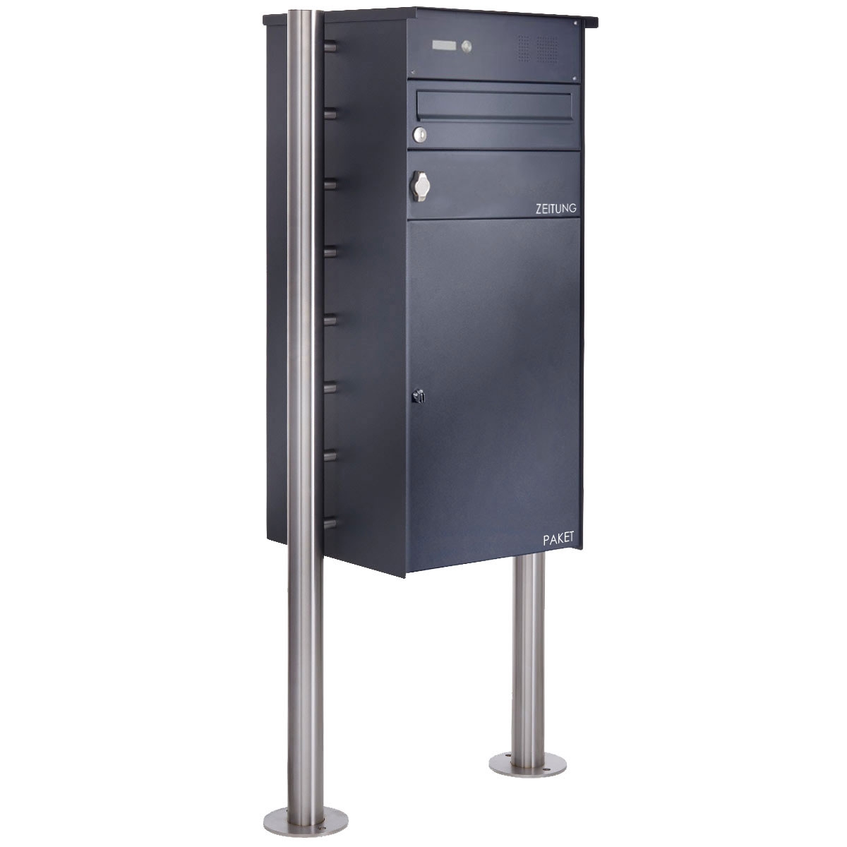 Stainless steel free-standing letterbox BASIC Plus 863X ST-R with bell box, newspaper compartment & parcel compartment 550x370 - RAL of your choice Stainless steel free-standing letterbox BASIC Plus 863X ST-R with bell box, newspaper compartment & parcel compartment 550x370 - RAL of your choice