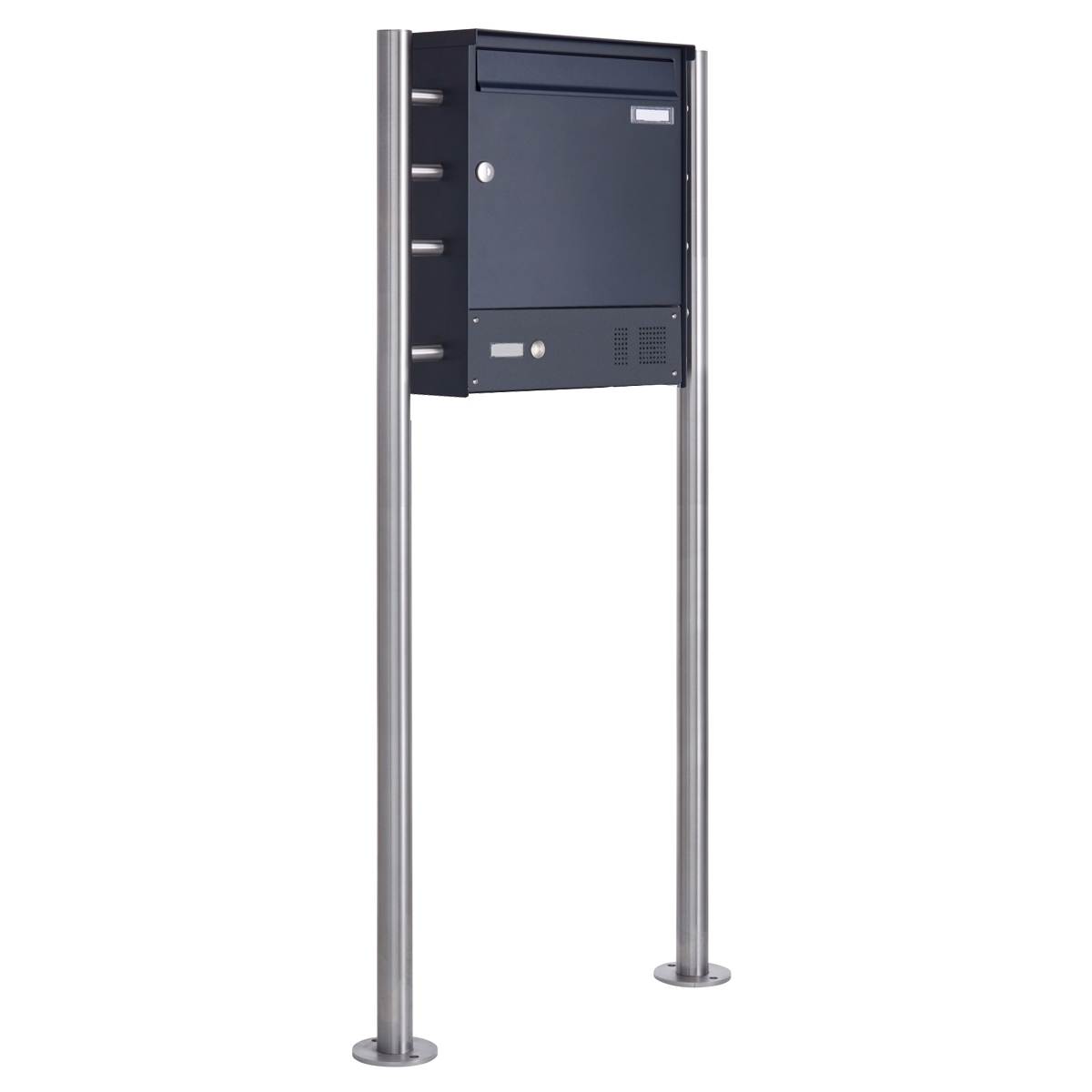 1er Edelstahl Standbriefkasten Design BASIC Plus 381X ST-R  mit Klingelkasten - RAL nach Wahl