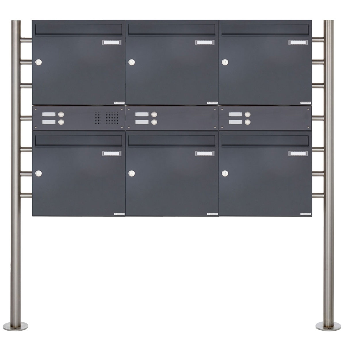 6er 2x3 Standbriefkasten Design BASIC 381 ST-R mit Klingelkasten - RAL 7016 anthrazitgrau