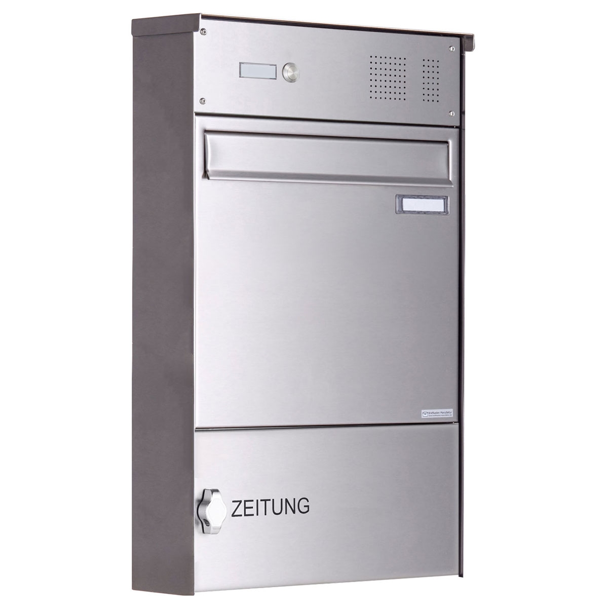 Edelstahl Zaunbriefkasten BASIC Plus 382XZ mit Zeitungsfach & Klingelkasten - Entnahme rückseitig Edelstahl Zaunbriefkasten BASIC Plus 382XZ mit Zeitungsfach & Klingelkasten - Entnahme rückseitig