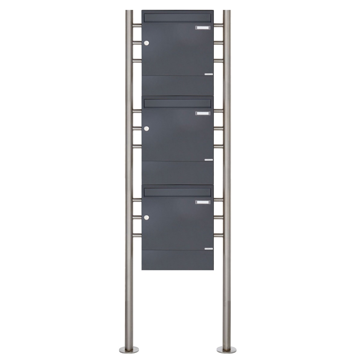 3-post 1x3 letterbox design BASIC 381 ST-R with newspaper compartments - RAL 7016 anthracite grey 3-post 1x3 letterbox design BASIC 381 ST-R with newspaper compartments - RAL 7016 anthracite grey