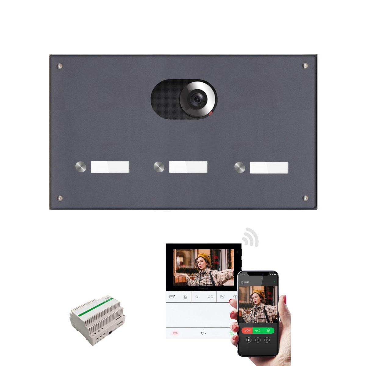 Edelstahl-Blende 370x220 für 3 Partei m. Comelit Video-Komplettset Wifi, RAL nach Wahl Edelstahl-Blende 370x220 für 3 Partei m. Comelit Video-Komplettset Wifi, RAL nach Wahl