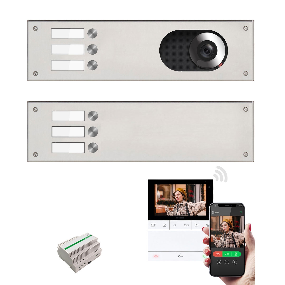 2 Edelstahl-Blenden 355x100 für 6 Parteien m. Comelit Video-Komplettset Wifi - Geschliffen