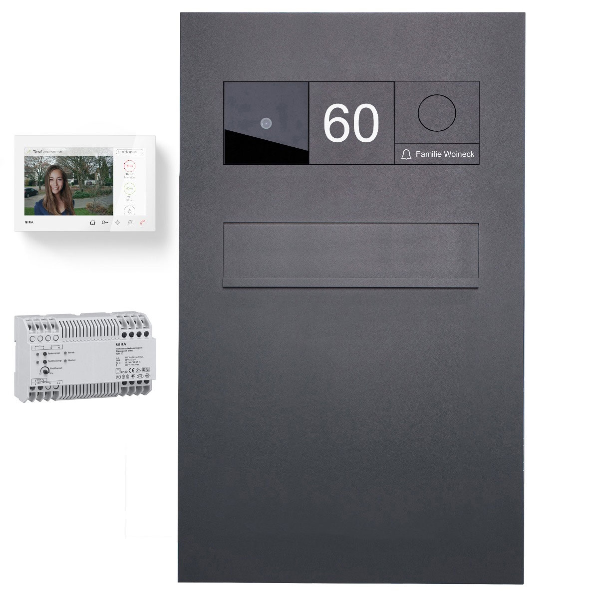 Stainless steel fence letterbox Designer BIG - RAL 7016 anthracite grey - GIRA System 106 - Video intercom system - VIDEO complete set Stainless steel fence letterbox Designer BIG - RAL 7016 anthracite grey - GIRA System 106 - Video intercom system - VIDEO complete set