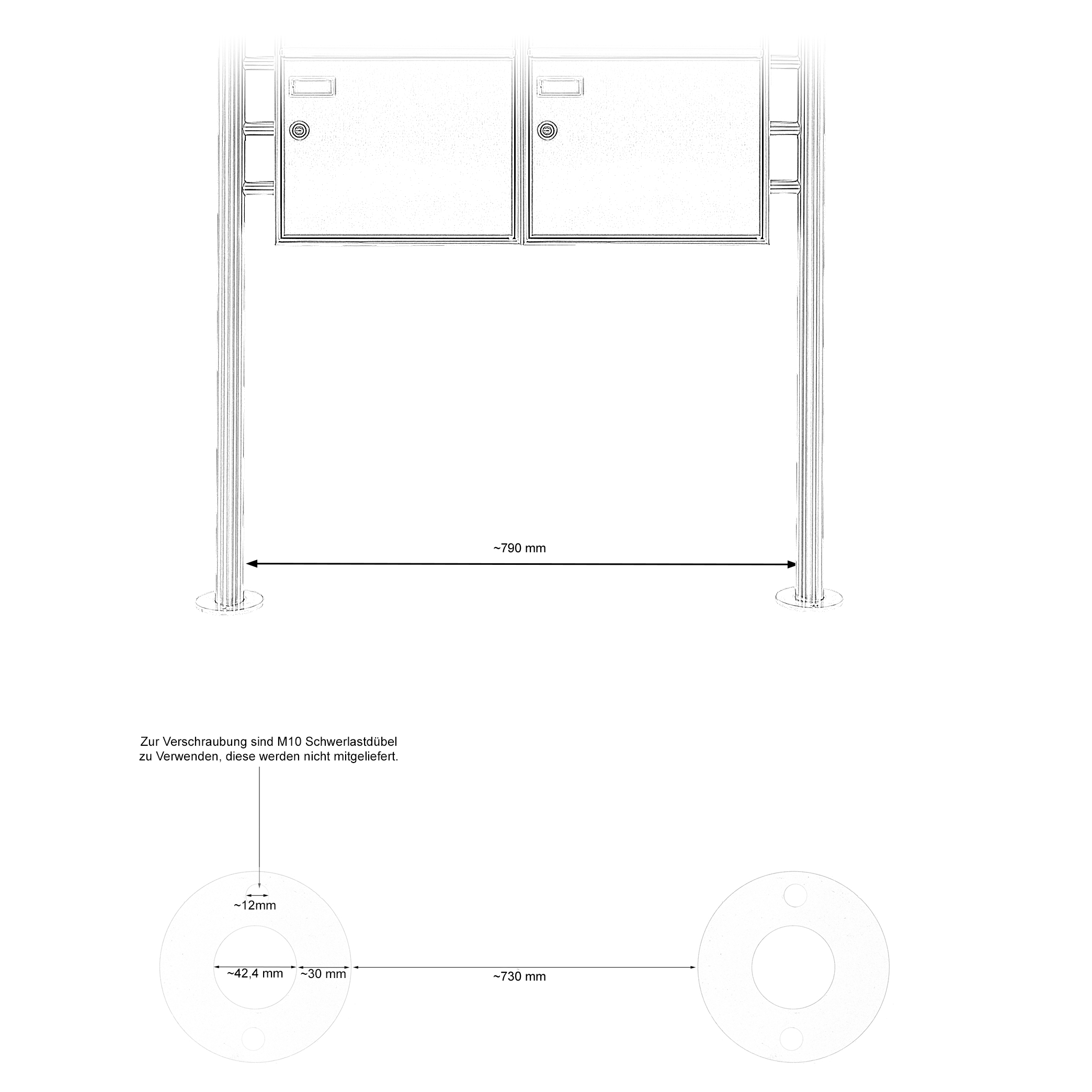 2 x 1 stainless steel letterbox design BASIC 381 ST-R with newspaper compartments