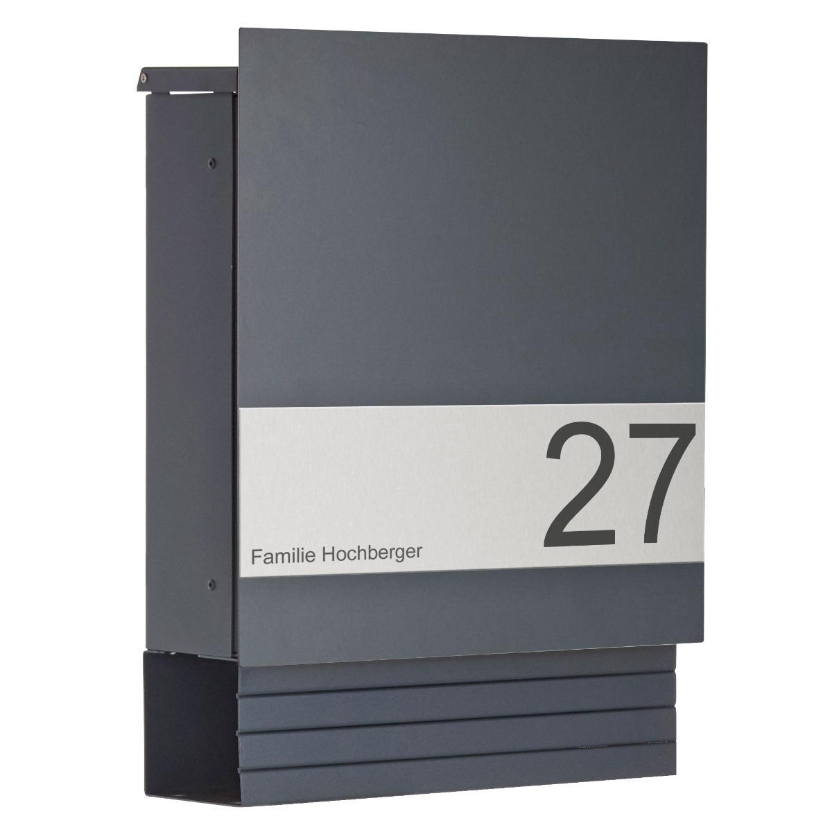 927f670f054b28fc008be46e6e45a74be8c41548 Design letterbox with newspaper compartment SCHILLER SMALL VARS - RAL 7016 anthracite grey with stainless steel application