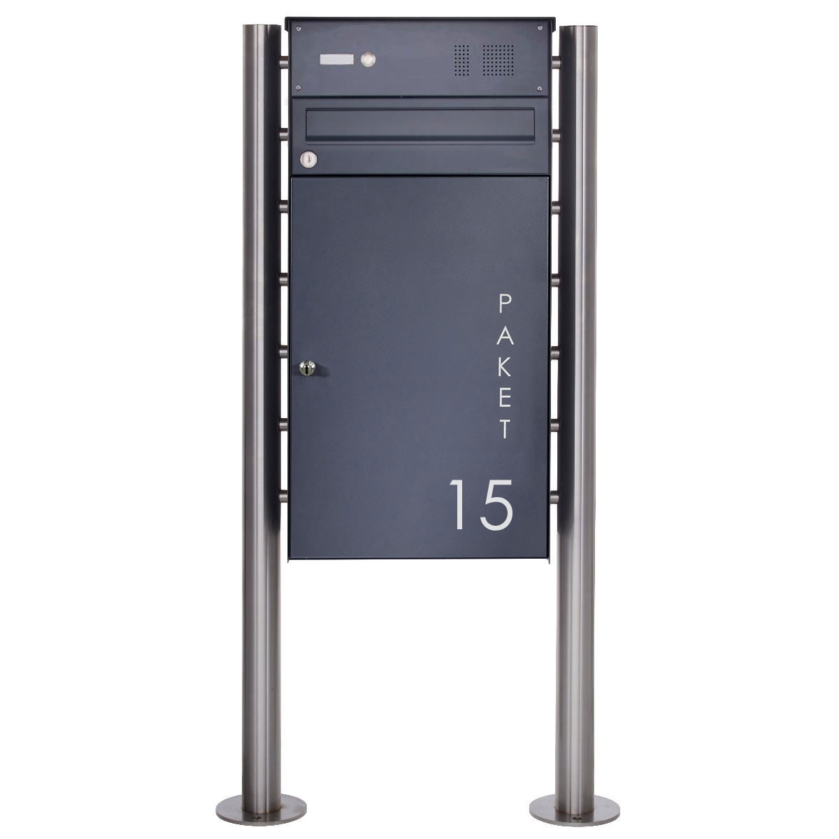 Stainless steel free-standing parcel letter box BASIC Plus 863X ST-R with bell box & parcel compartment 550x370 - RAL of your choice Stainless steel free-standing parcel letter box BASIC Plus 863X ST-R with bell box & parcel compartment 550x370 - RAL of your choice