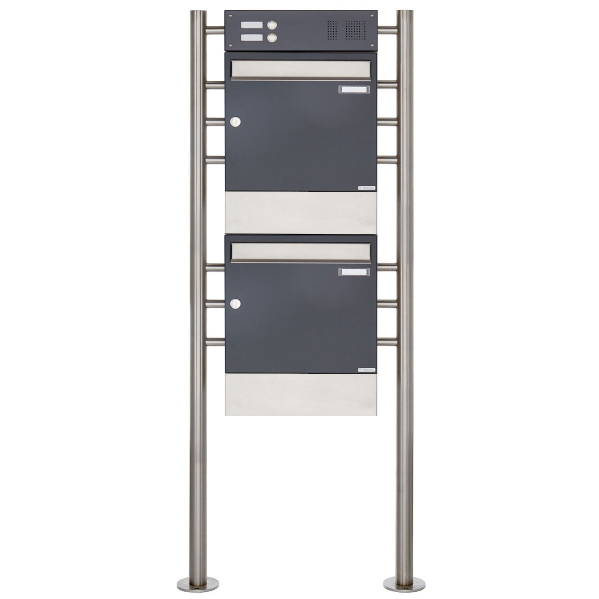 2 x 1 pedestal letterbox Design BASIC 381 ST-R with bell box & newspaper compartment - stainless steel RAL 7016 2 x 1 pedestal letterbox Design BASIC 381 ST-R with bell box & newspaper compartment - stainless steel RAL 7016