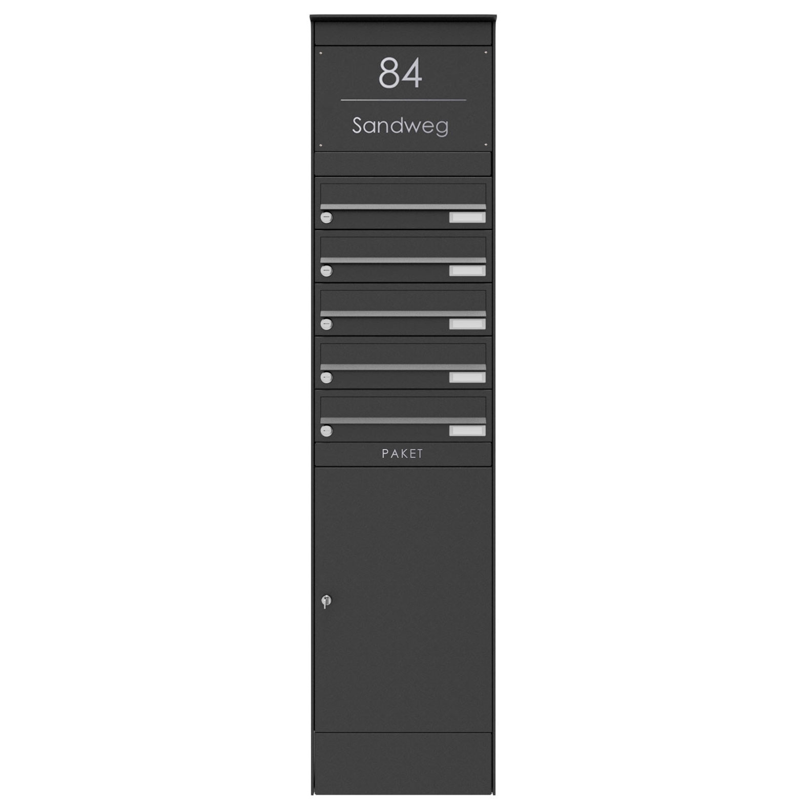 5er Briefkastenstele BASIC Plus 864X mit Paketfach 550x370 - RAL nach Wahl 5er Briefkastenstele BASIC Plus 864X mit Paketfach 550x370 - RAL nach Wahl
