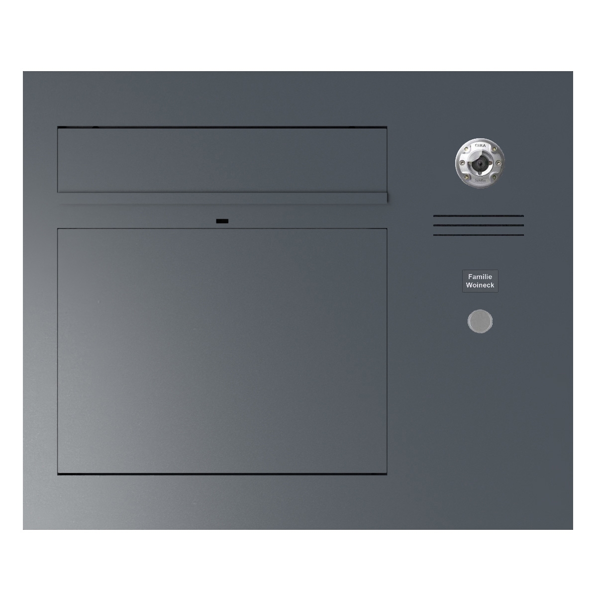 Design flush-mounted letterbox GRIMM - colour of your choice with preparation for camera and intercom system on the right Design flush-mounted letterbox GRIMM - colour of your choice with preparation for camera and intercom system on the right
