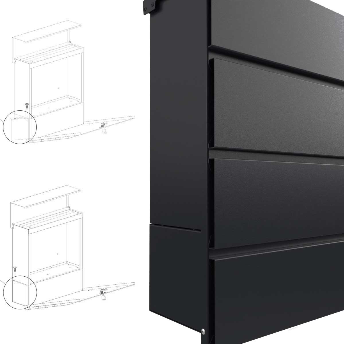 KANT letterbox with newspaper compartment - Design 1 - RAL 9005 jet black KANT letterbox with newspaper compartment - Design 1 - RAL 9005 jet black