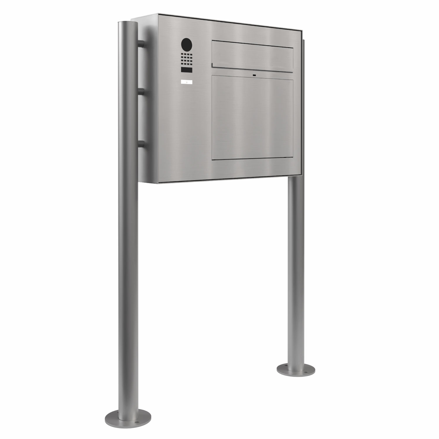 Design Standbriefkasten GRIMM ST-R - Edelstahl geschliffen mit DoorBird Video-Sprechanlage links